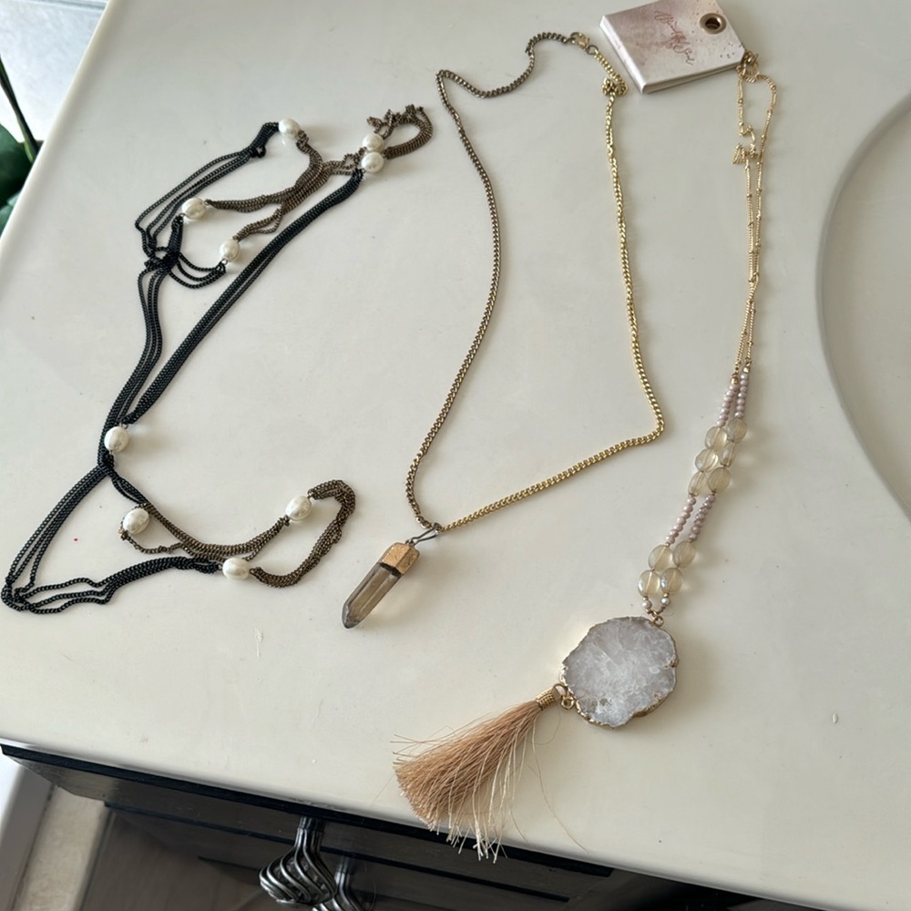 3 long necklaces, one brand new with tag